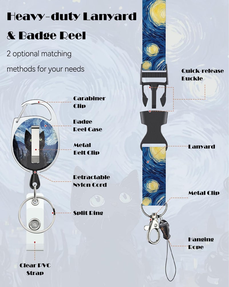 Uniclife Fashionable Sliding Badge Holder Starry Night & Black Cat Plastic Card Holder with Retractable Badge Reel Carabiner Detachable Lanyard Vertical Card Protector for Office Worker - Image 5